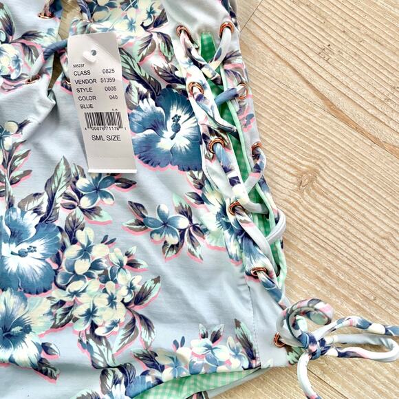 New PacSun Lace Up Floral One Piece Swimsuit | Blue Size Small - Picture 2 of 4